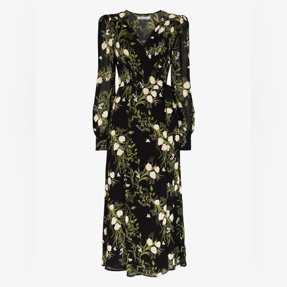 REFORMATION Susanna black midi dress- long sleeve L. EUC!